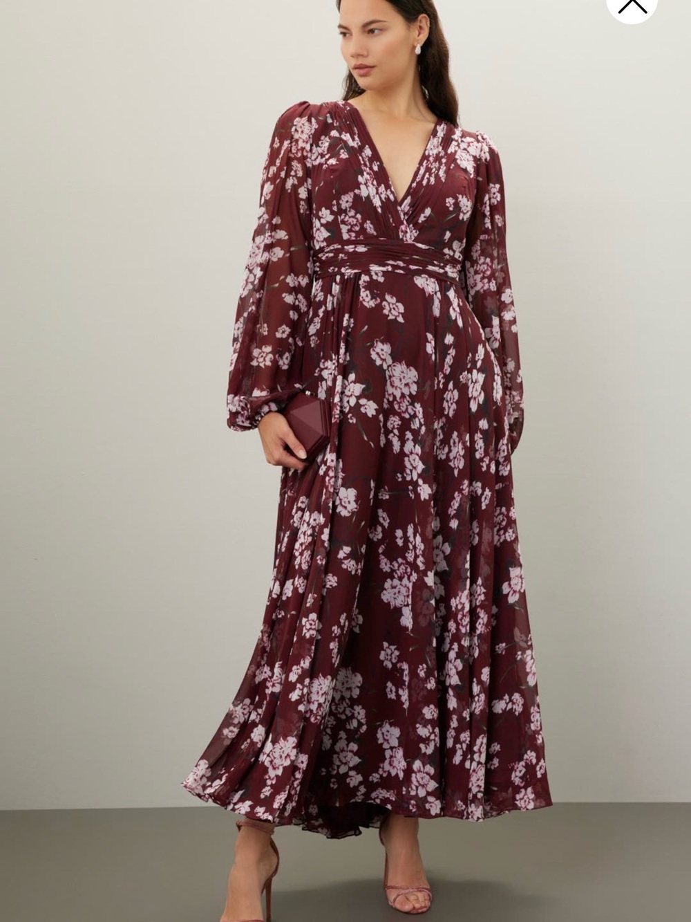 Mac Duggal Burgundy Floral Chiffon Maxi Dress Long Sleeve Size 10